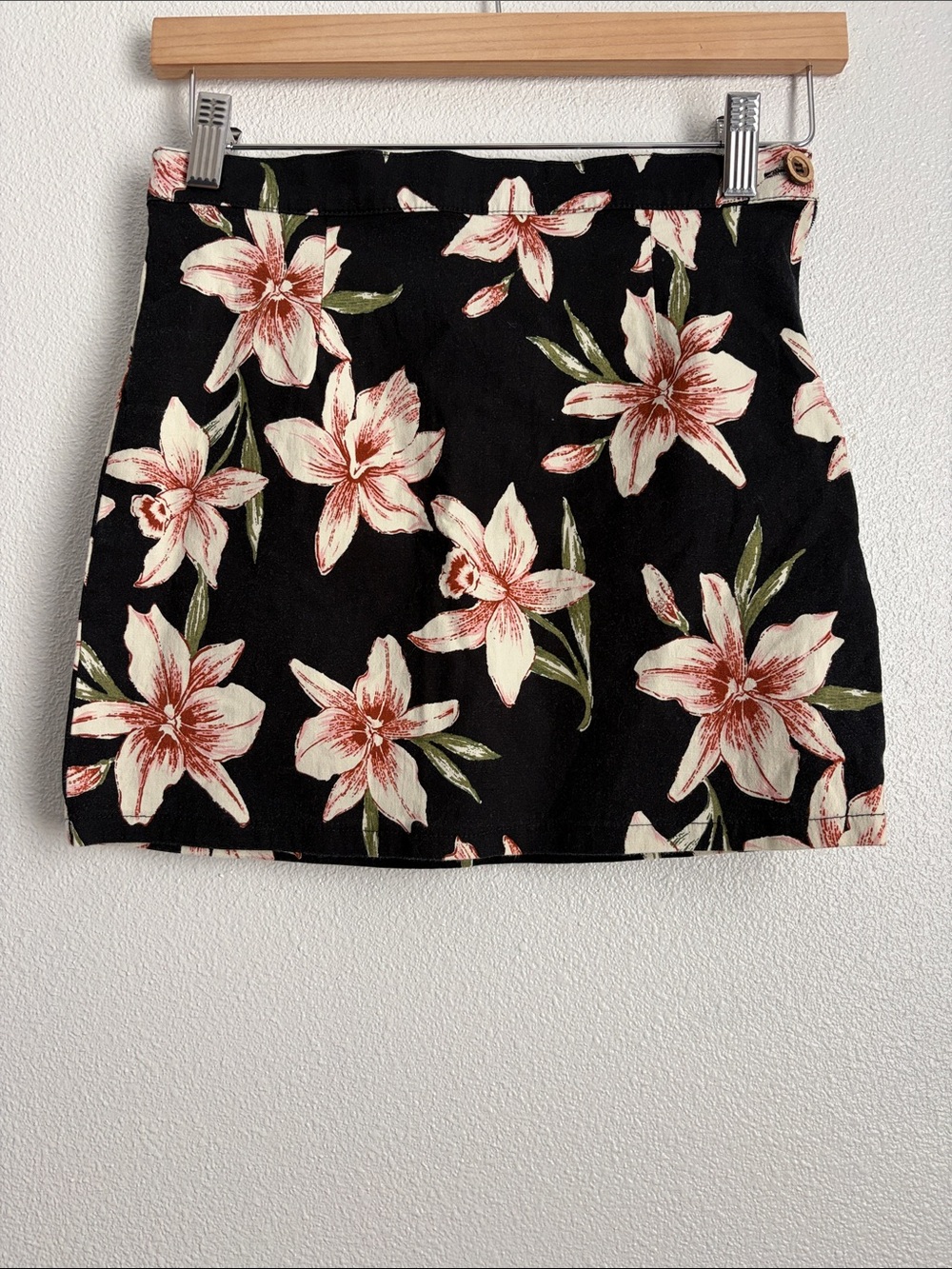 Floral Mini Skirt - Black with Cream & Pink Blooms